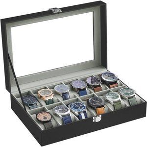 Watch Box 12-Slot Watch Case w Large Glass Lid Removable Watch Pillows Organizer